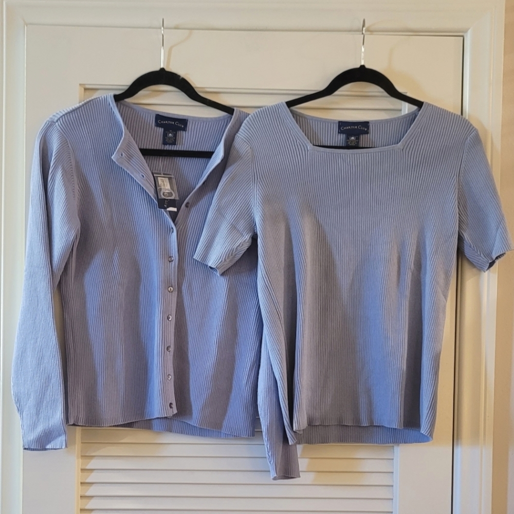 Charter Club- (NWT) Light Blue Ribbed 100% Cotton Sweater & Top Set